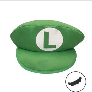 Luigi Green Cap with adhesive mustache. Cap opens up to 8" or just 4 display.